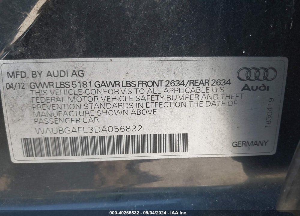 2013 AUDI S4 3.0T PREMIUM PLUS VIN: WAUBGAFL3DA056832