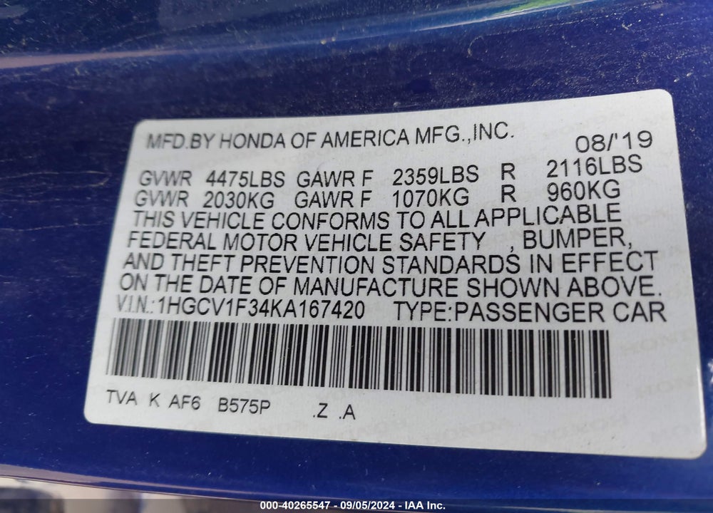 2019 HONDA ACCORD SPORT VIN: 1HGCV1F34KA167420