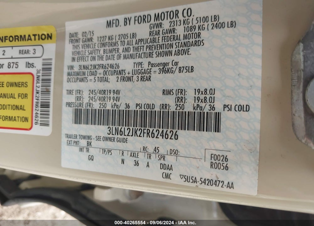 2015 LINCOLN MKZ VIN: 3LN6L2JK2FR624626