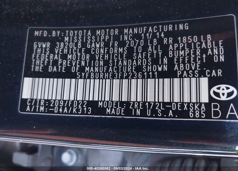 2015 TOYOTA COROLLA S PLUS VIN: 5YFBURHE3FP236111