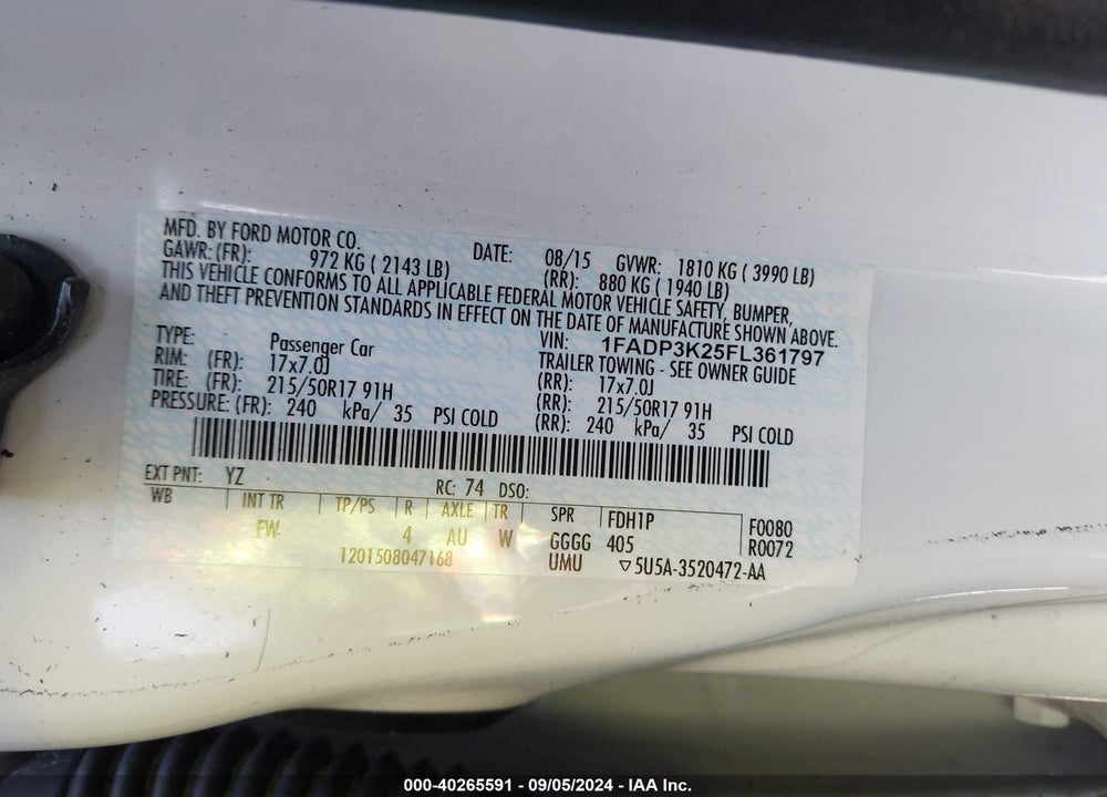 2015 FORD FOCUS SE VIN: 1FADP3K25FL361797