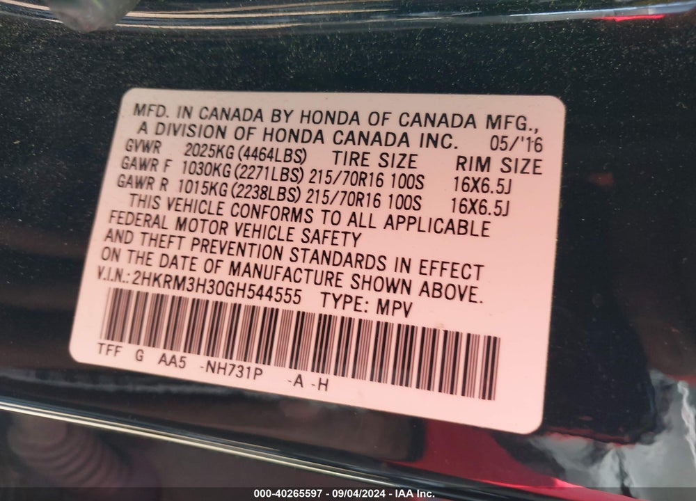 2016 HONDA CR-V LX VIN: 2HKRM3H30GH544555
