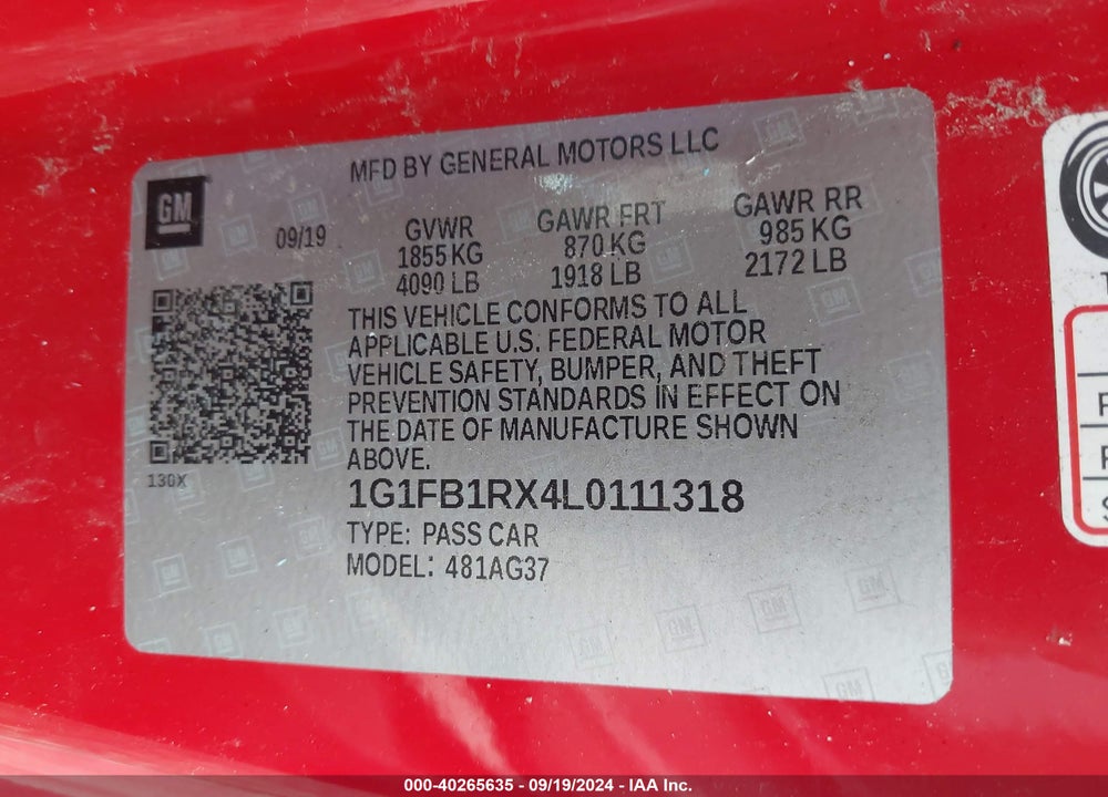 2020 CHEVROLET CAMARO RWD 1LT VIN: 1G1FB1RX4L0111318