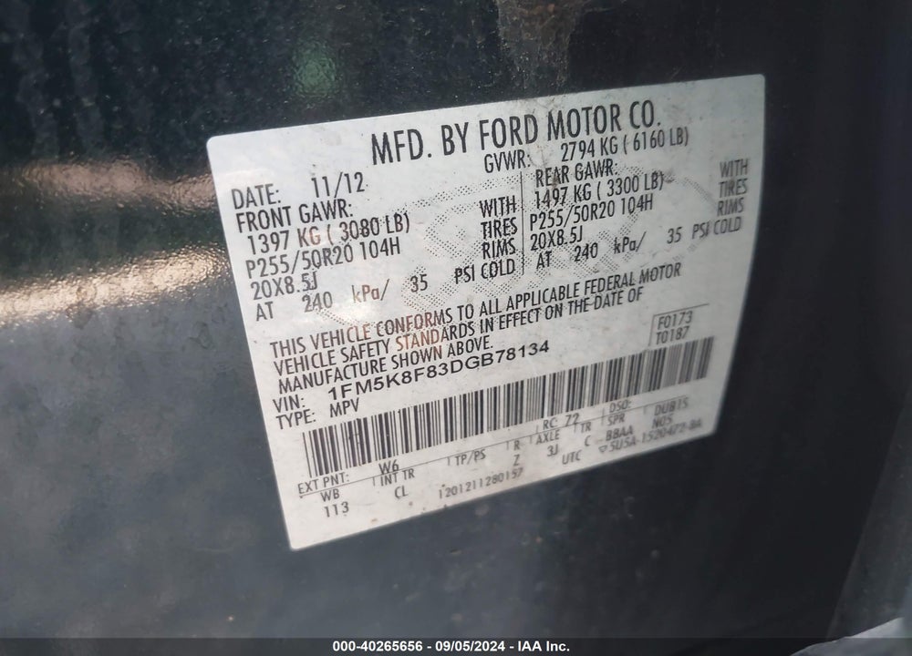 2013 FORD EXPLORER LIMITED VIN: 1FM5K8F83DGB78134