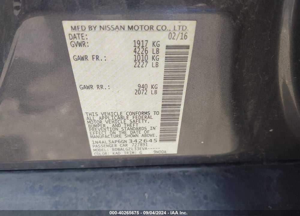 2016 NISSAN ALTIMA 2.5/2.5 S/2.5 SL/2.5 SR/2.5 SV VIN: 1N4AL3AP6GN342645