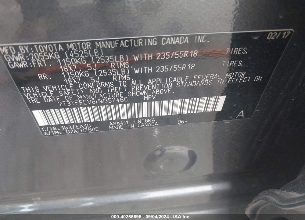 2017 TOYOTA RAV4 PLATINUM VIN: 2T3YFREV6HW357460