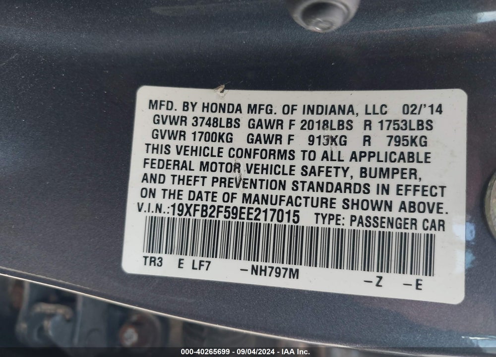 2014 HONDA CIVIC LX VIN: 19XFB2F59EE217015