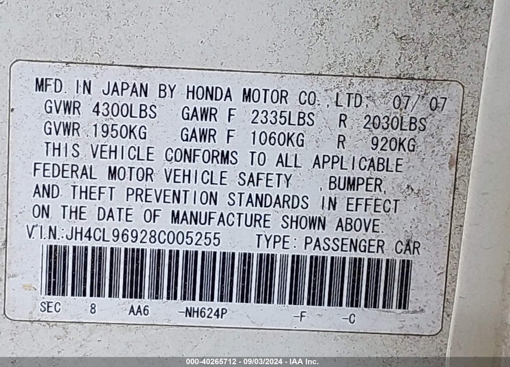 2008 ACURA TSX VIN: JH4CL96928C005255
