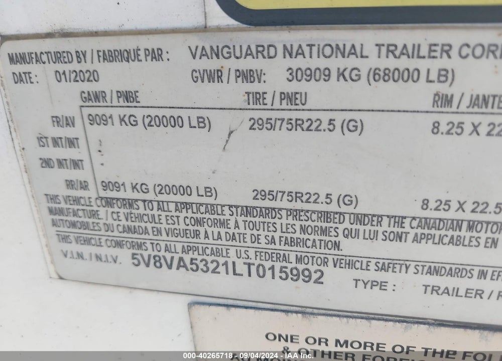 2020 VANGUARD NATIONAL --- VIN: 5V8VA5321LT015992