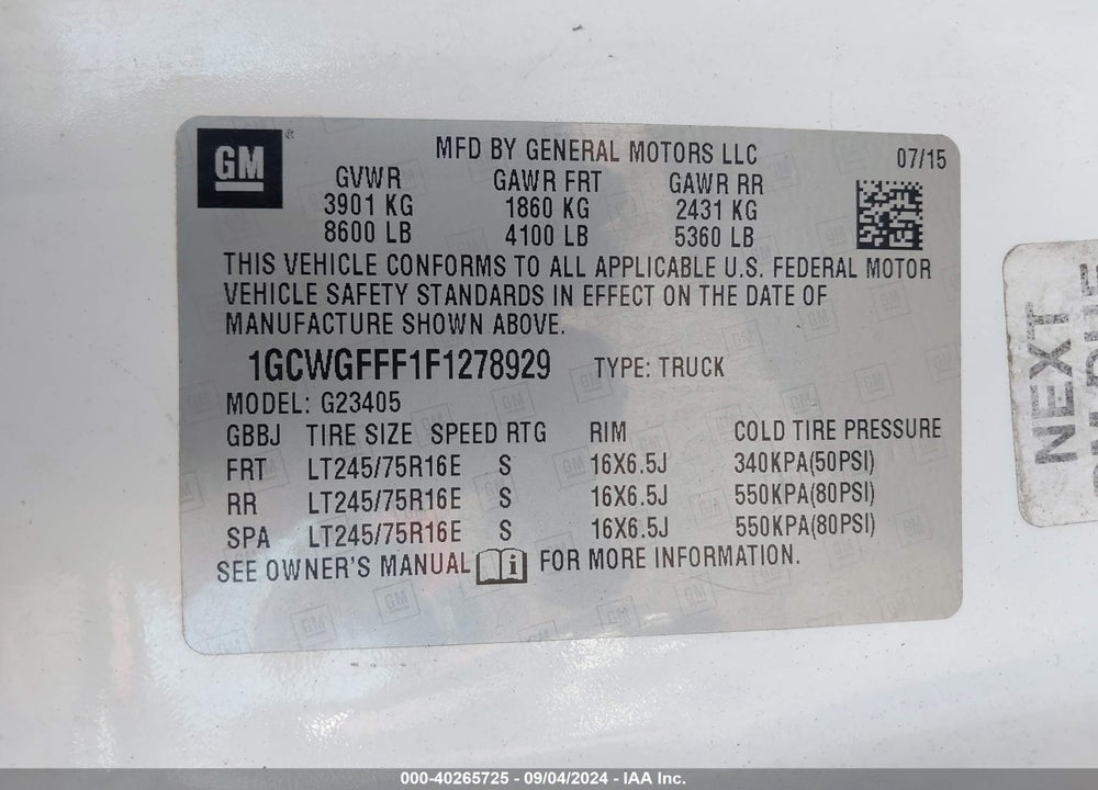 2015 CHEVROLET EXPRESS 2500 WORK VAN VIN: 1GCWGFFF1F1278929