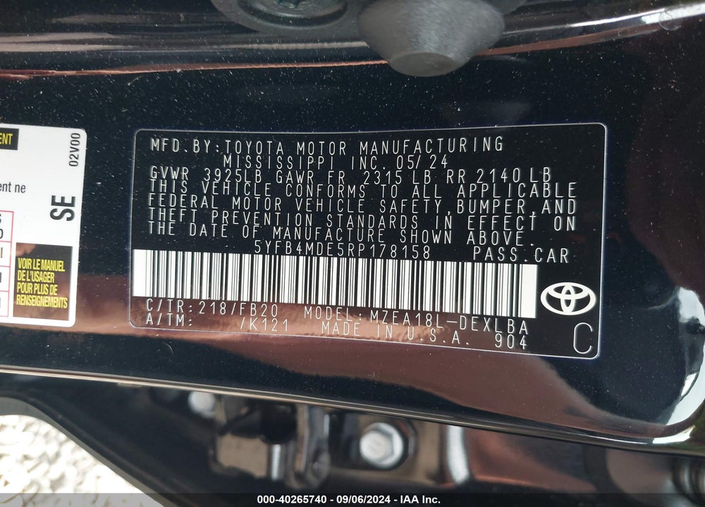 2024 TOYOTA COROLLA LE VIN: 5YFB4MDE5RP178158