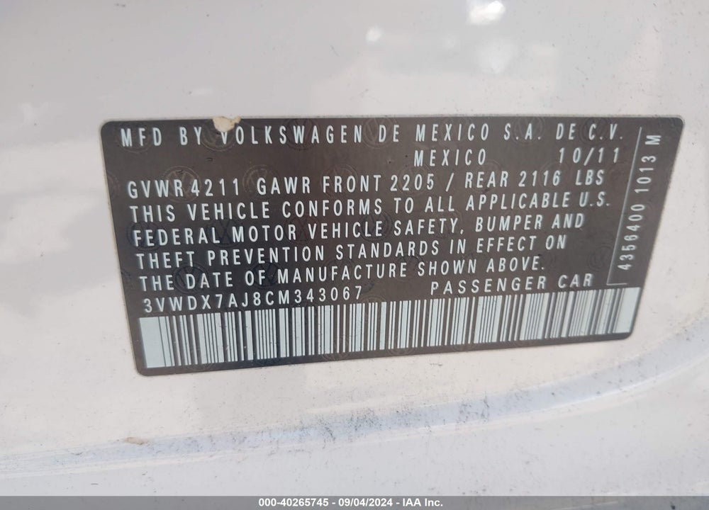 2012 VOLKSWAGEN JETTA 2.5L SE VIN: 3VWDX7AJ8CM343067