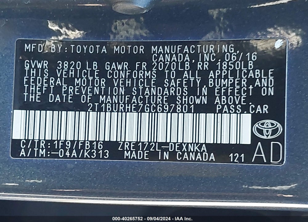 2016 TOYOTA COROLLA VIN: 2T1BURHE7GC697801