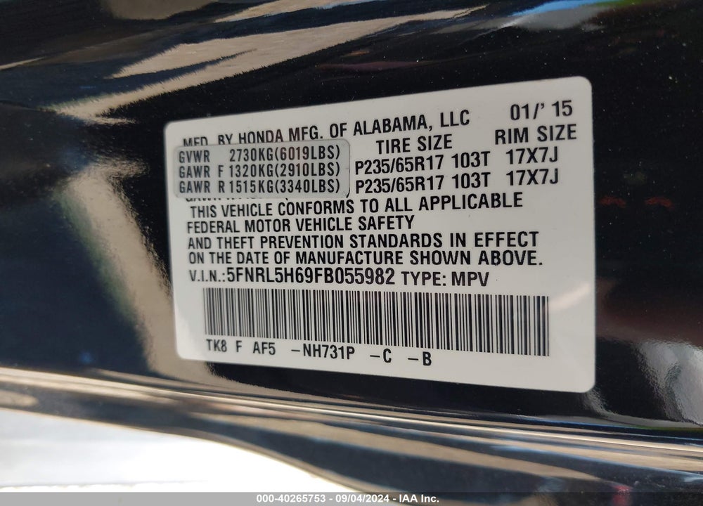 2015 HONDA ODYSSEY VIN: 5FNRL5H69FB055982