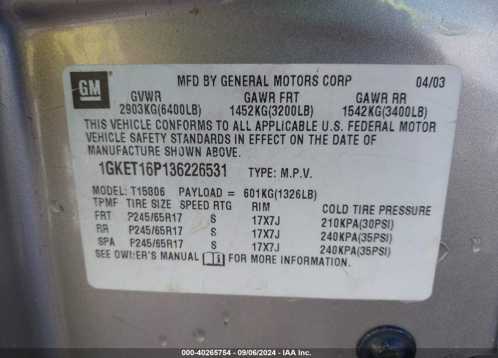 2003 GMC ENVOY XL SLE VIN: 1GKET16P136226531
