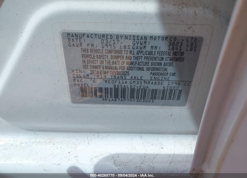 2017 NISSAN SENTRA SV VIN: 3N1AB7AP7HY303025