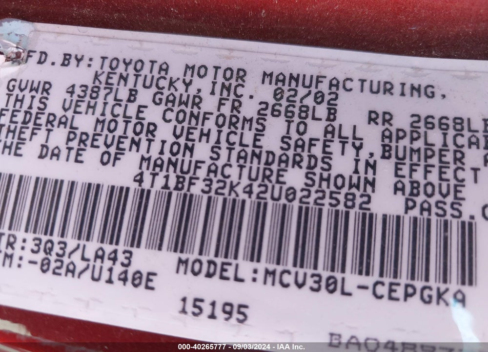 2002 TOYOTA CAMRY XLE V6 VIN: 4T1BF32K42U022582