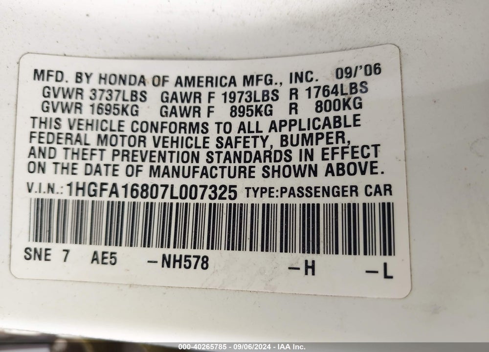 2007 HONDA CIVIC EX VIN: 1HGFA16807L007325