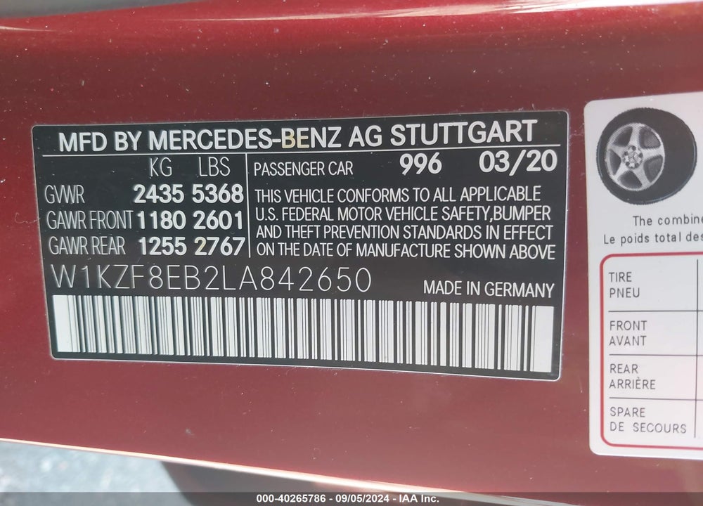 2020 MERCEDES-BENZ E 350 4MATIC VIN: W1KZF8EB2LA842650