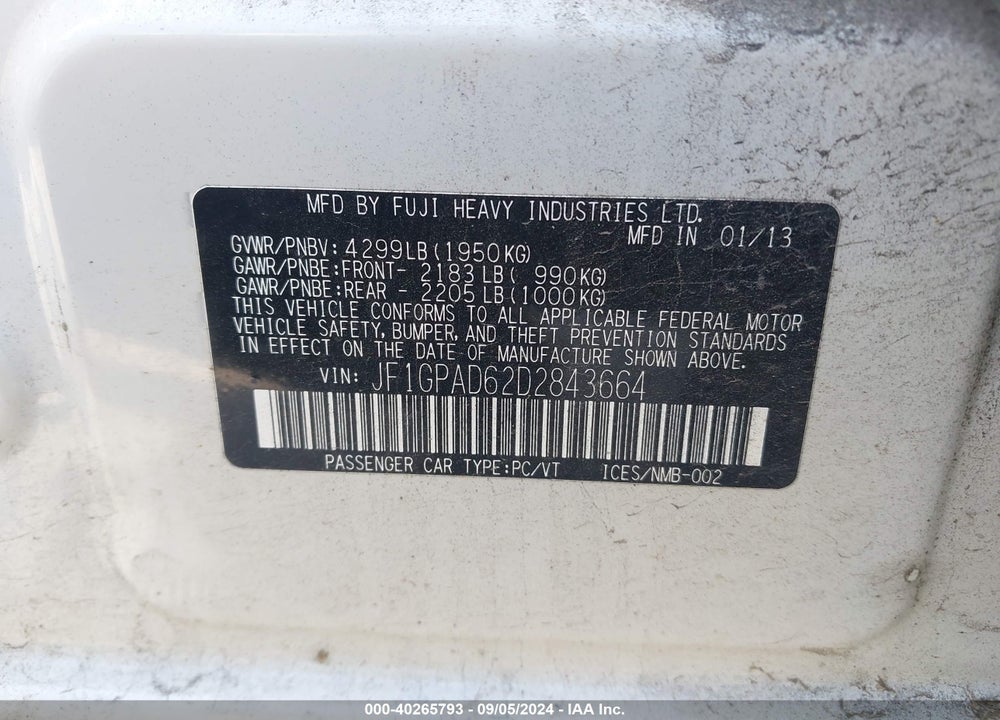 2013 SUBARU IMPREZA 2.0I PREMIUM VIN: JF1GPAD62D2843664