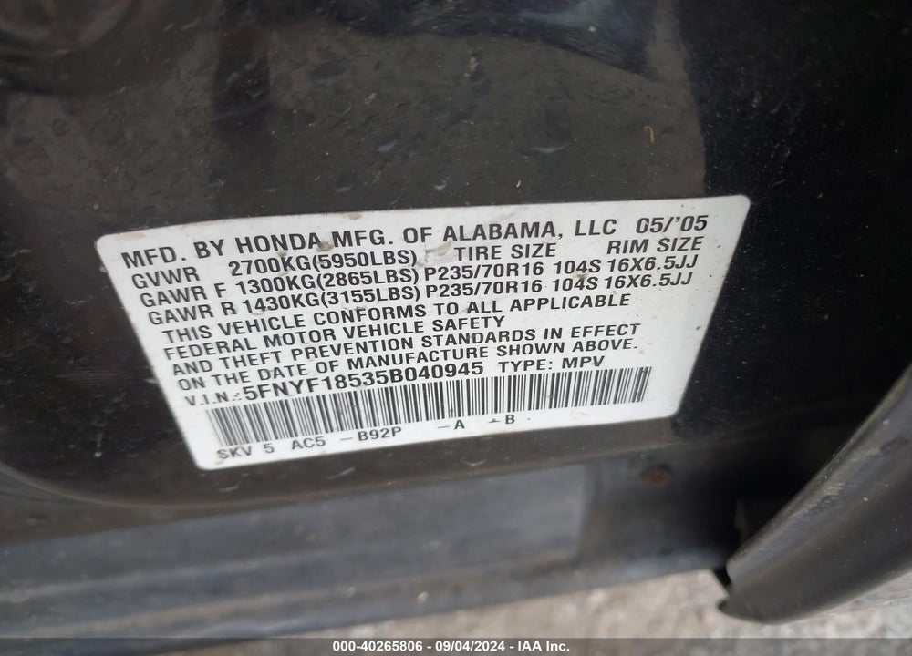 2005 HONDA PILOT EX-L VIN: 5FNYF18535B040945