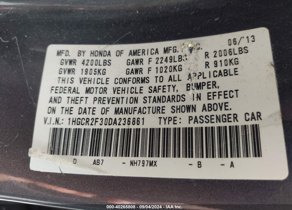 2013 HONDA ACCORD LX VIN: 1HGCR2F30DA236861