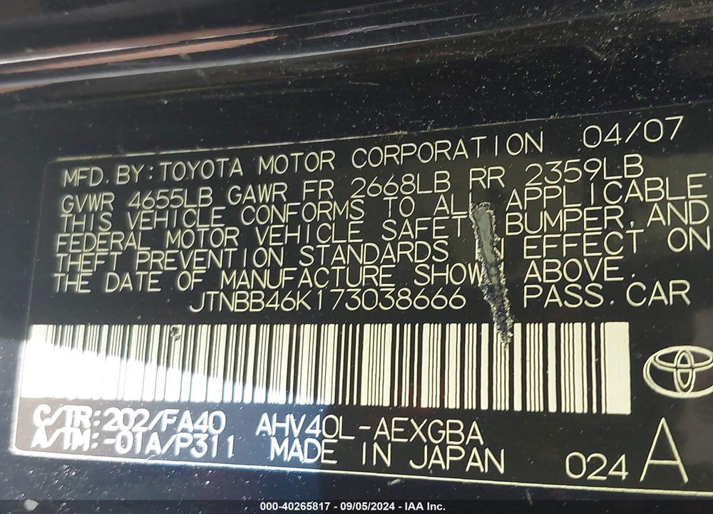 2007 TOYOTA CAMRY HYBRID VIN: JTNBB46K173038666