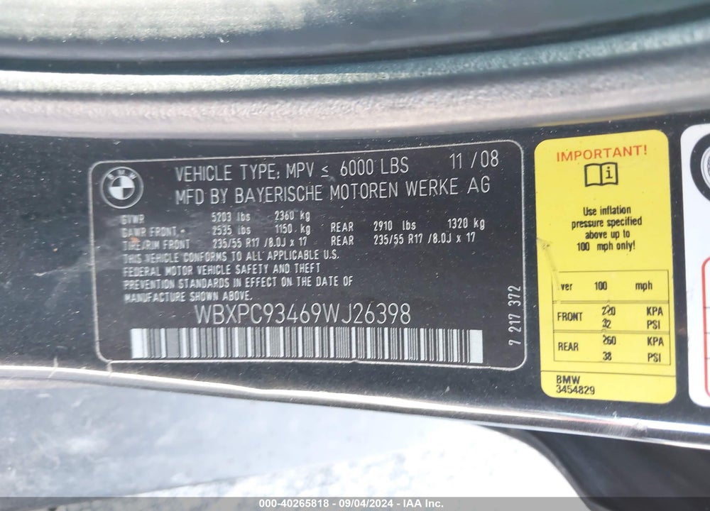 2009 BMW X3 XDRIVE30I VIN: WBXPC93469WJ26398