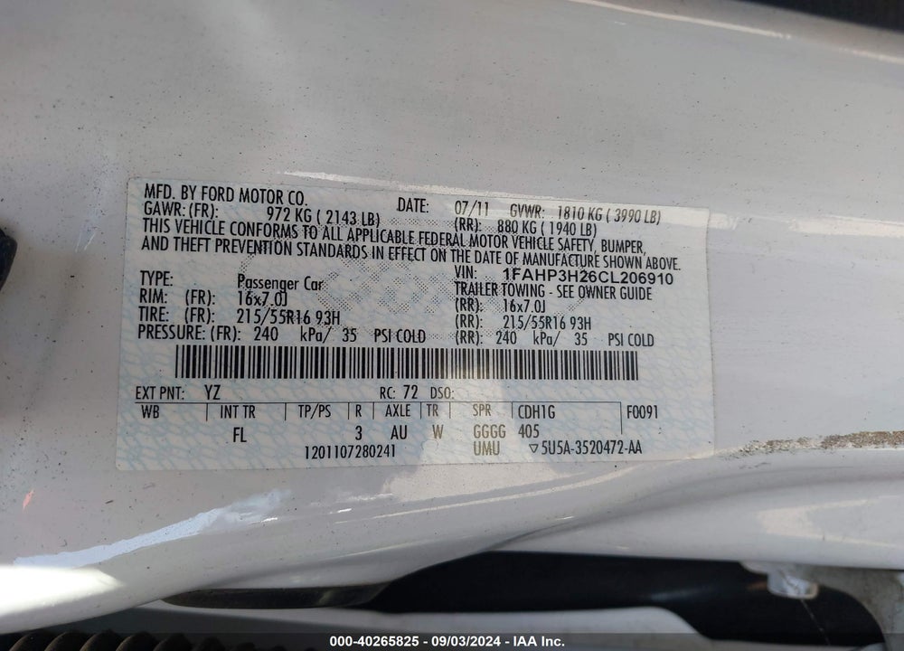 2012 FORD FOCUS VIN: 1FAHP3H26CL206910