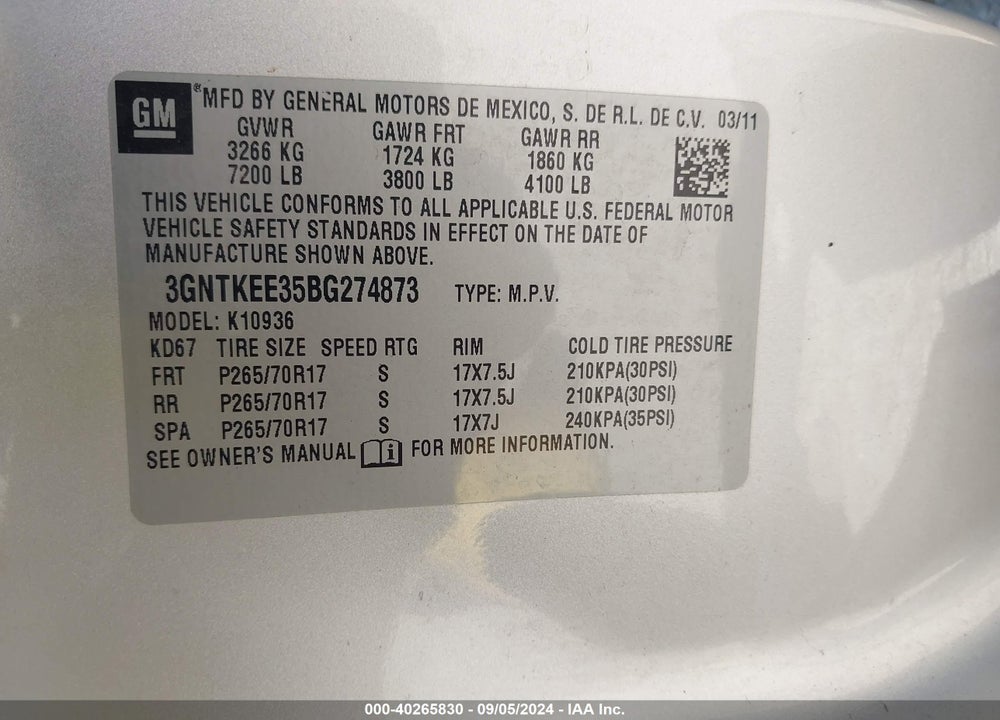 2011 CHEVROLET AVALANCHE 1500 LS VIN: 3GNTKEE35BG274873