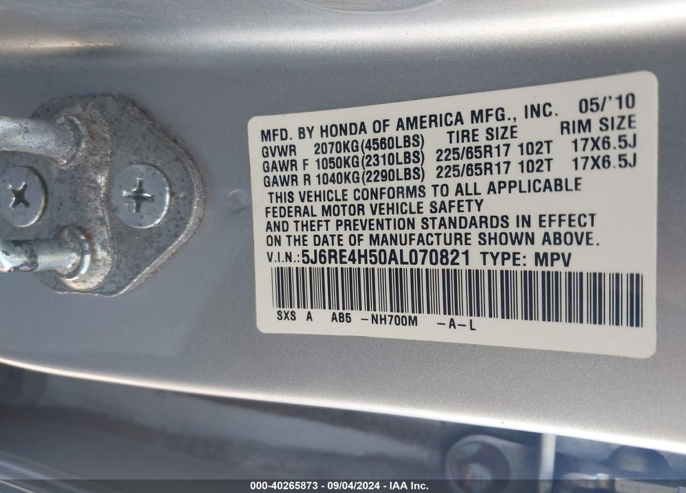 2010 HONDA CR-V EX VIN: 5J6RE4H50AL070821