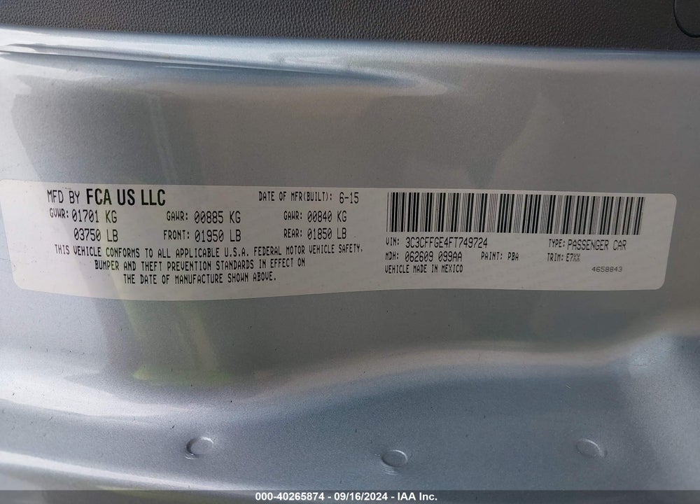 2015 FIAT 500E BATTERY ELECTRIC VIN: 3C3CFFGE4FT749724