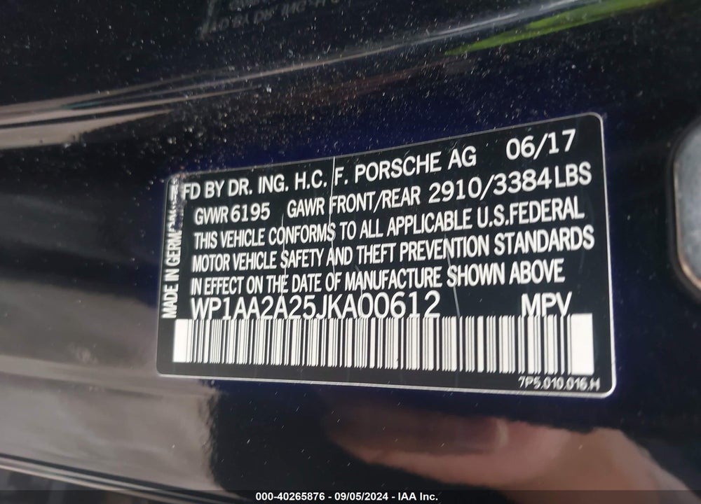 2018 PORSCHE CAYENNE VIN: WP1AA2A25JKA00612