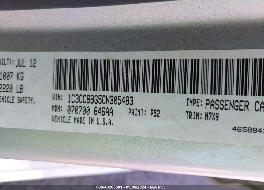 2012 CHRYSLER 200 TOURING VIN: 1C3CCBBG5CN305483