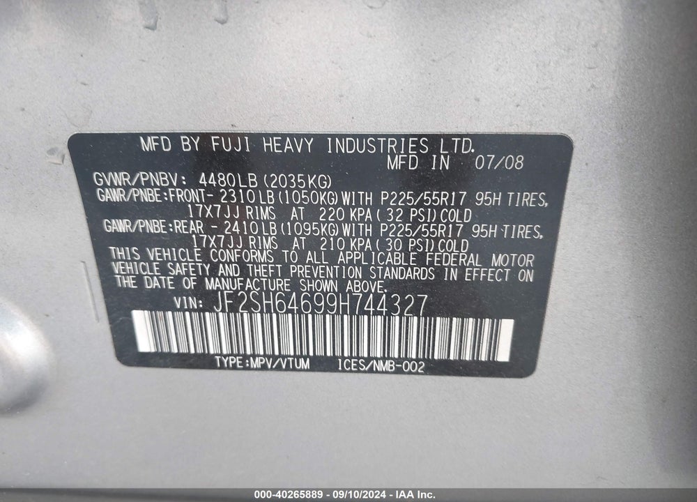 2009 SUBARU FORESTER 2.5X LIMITED VIN: JF2SH64699H744327