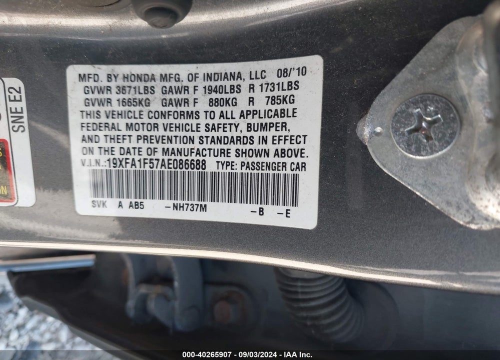 2010 HONDA CIVIC LX VIN: 19XFA1F57AE086688