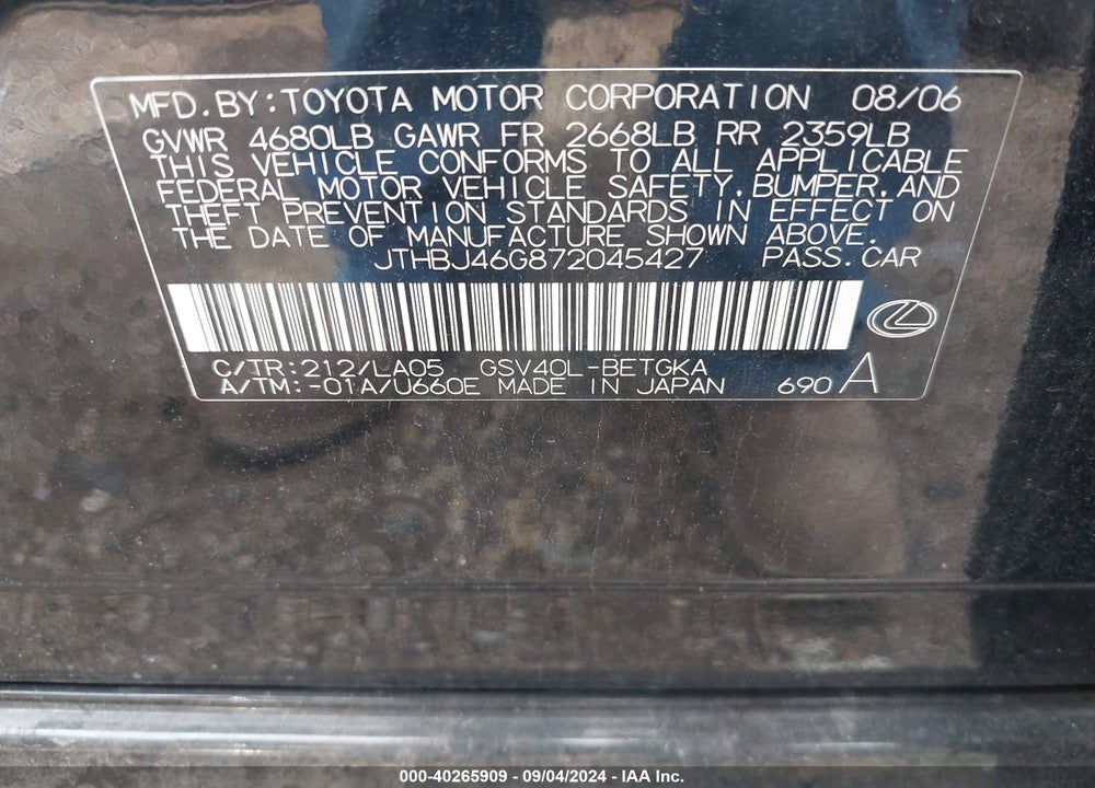 2007 LEXUS ES 350 VIN: JTHBJ46G872045427
