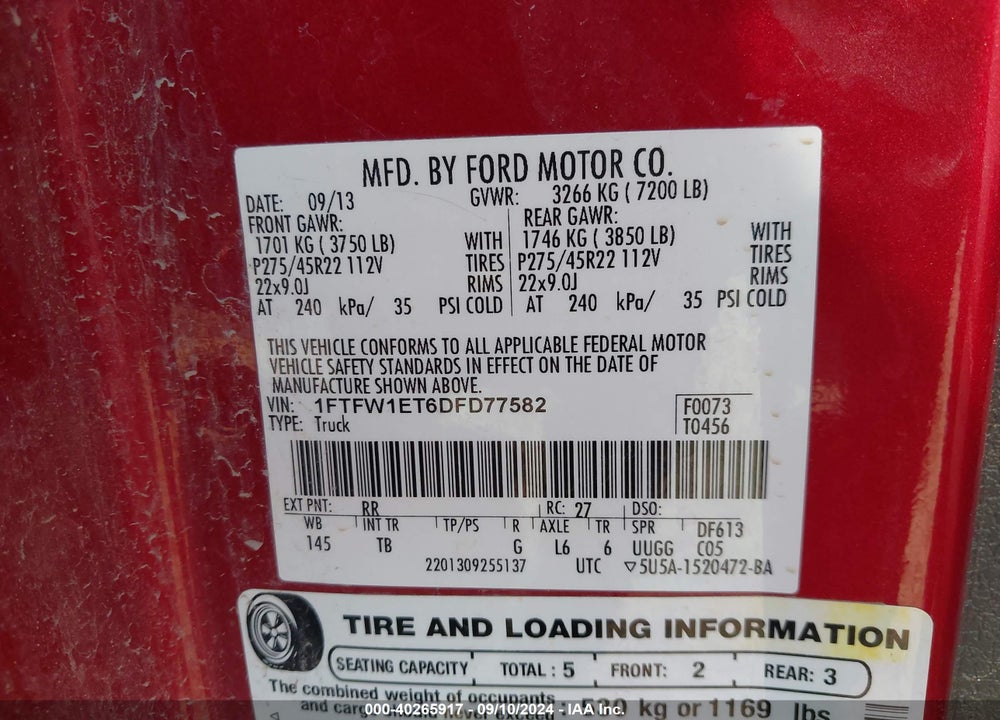 2013 FORD F-150 LIMITED VIN: 1FTFW1ET6DFD77582