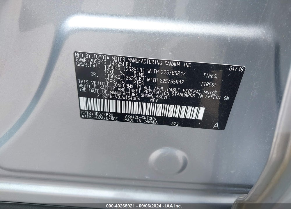 2018 TOYOTA RAV4 LE VIN: 2T3ZFREV8JW464004