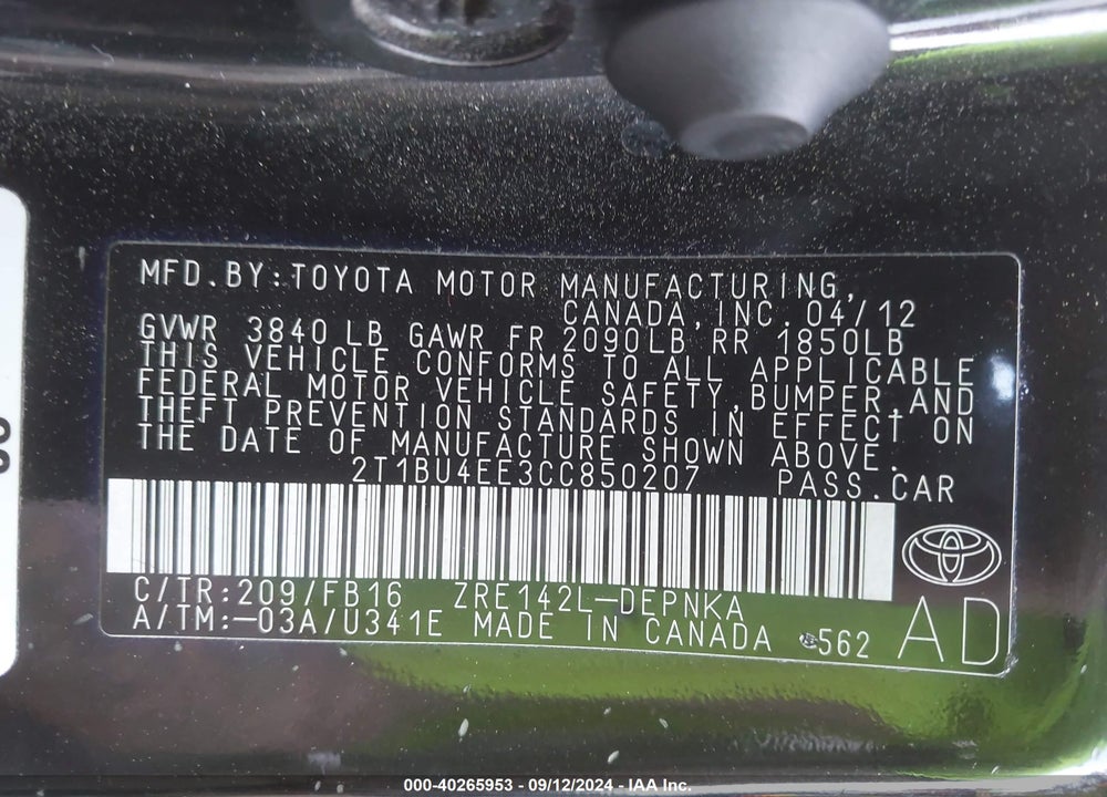 2012 TOYOTA COROLLA LE VIN: 2T1BU4EE3CC850207