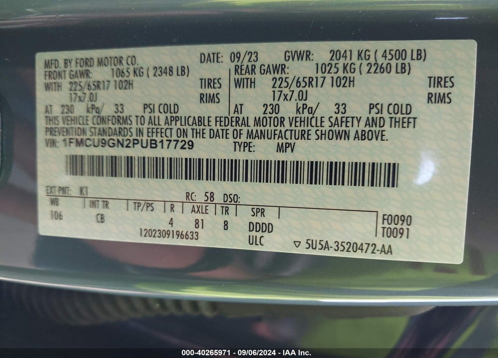 2023 FORD ESCAPE ACTIVE VIN: 1FMCU9GN2PUB17729
