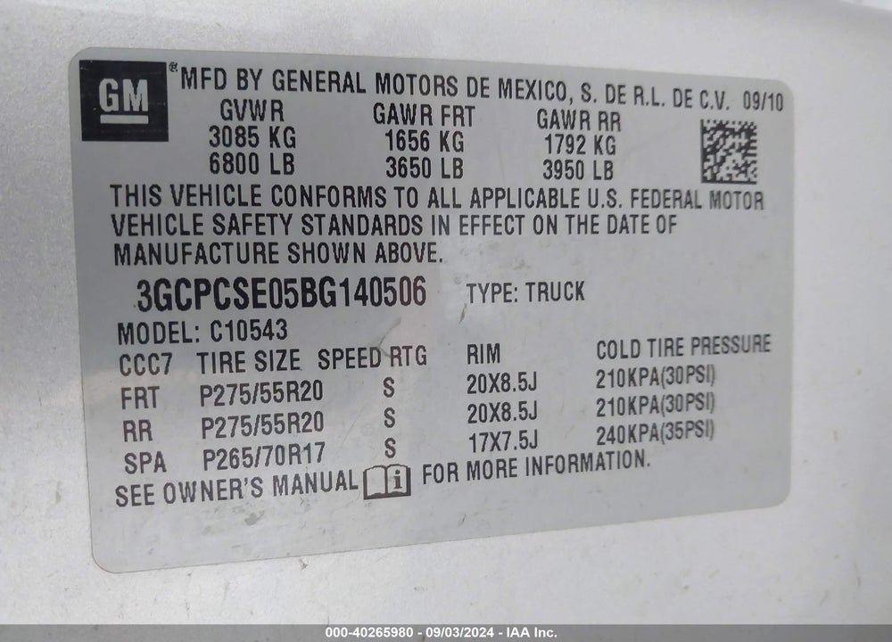 2011 CHEVROLET SILVERADO 1500 LT VIN: 3GCPCSE05BG140506