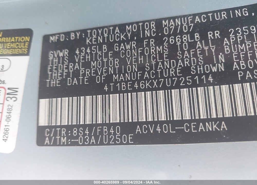 2007 TOYOTA CAMRY LE VIN: 4T1BE46KX7U725114