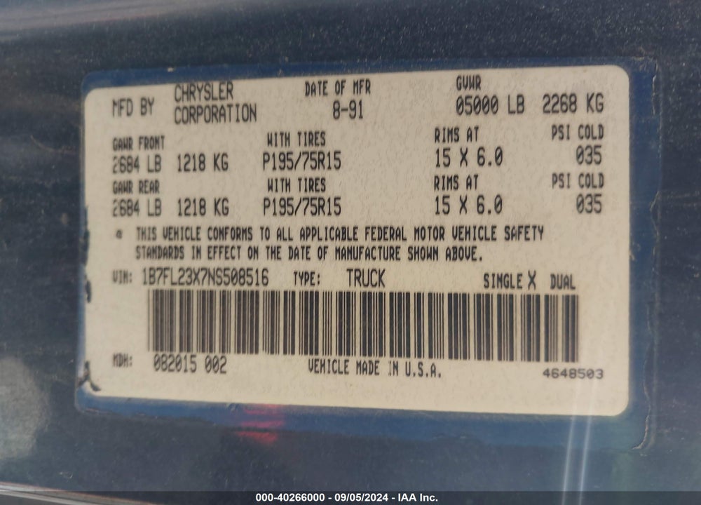 1992 DODGE DAKOTA VIN: 1B7FL23X7NS508516