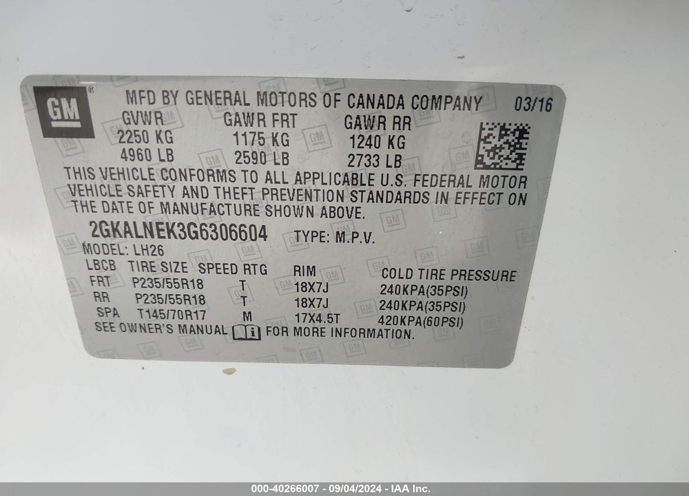 2016 GMC TERRAIN SLE-2 VIN: 2GKALNEK3G6306604