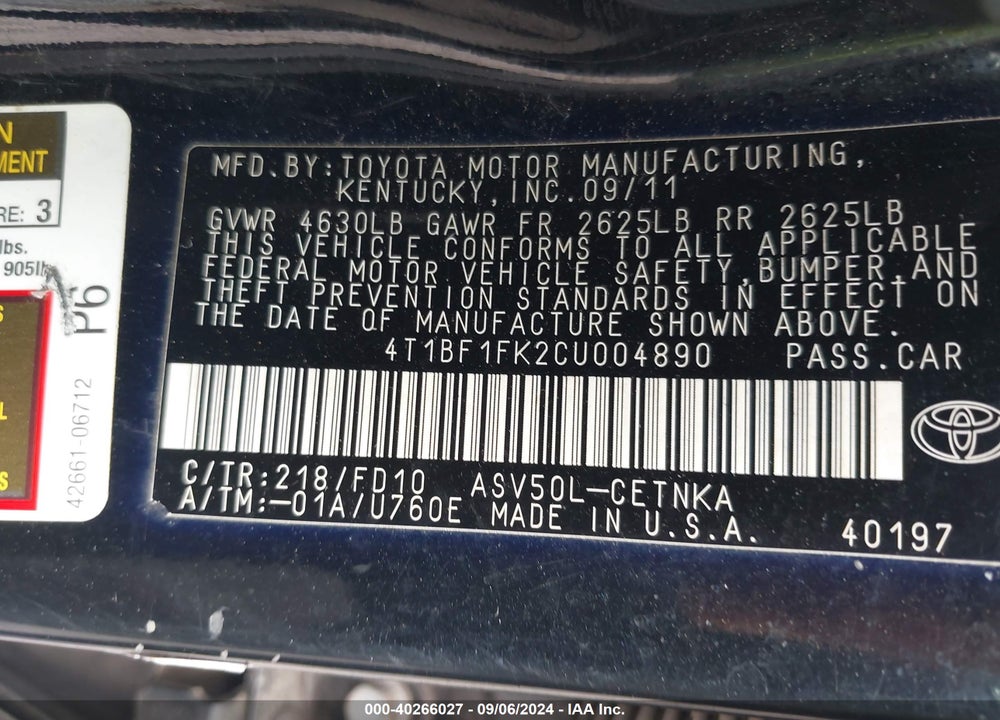 2012 TOYOTA CAMRY LE VIN: 4T1BF1FK2CU004890