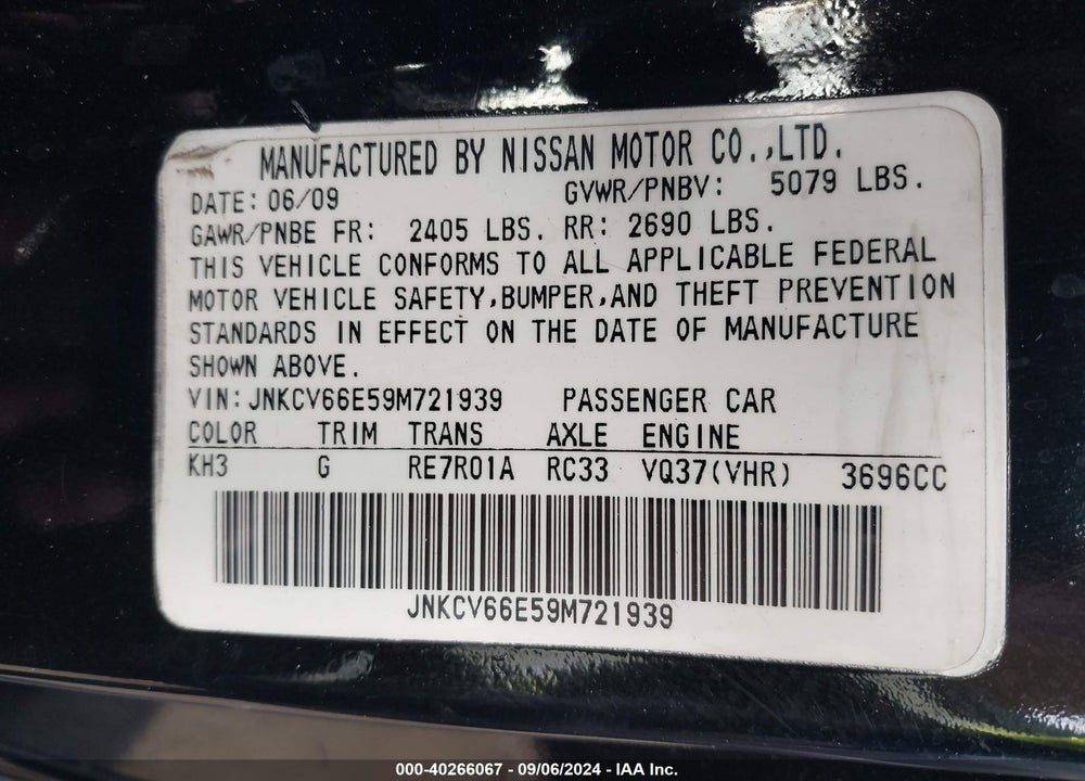 2009 INFINITI G37 VIN: JNKCV66E59M721939