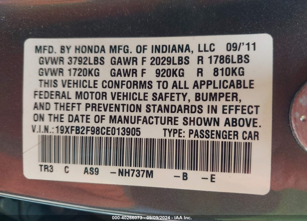 2012 HONDA CIVIC EX-L VIN: 19XFB2F98CE013905