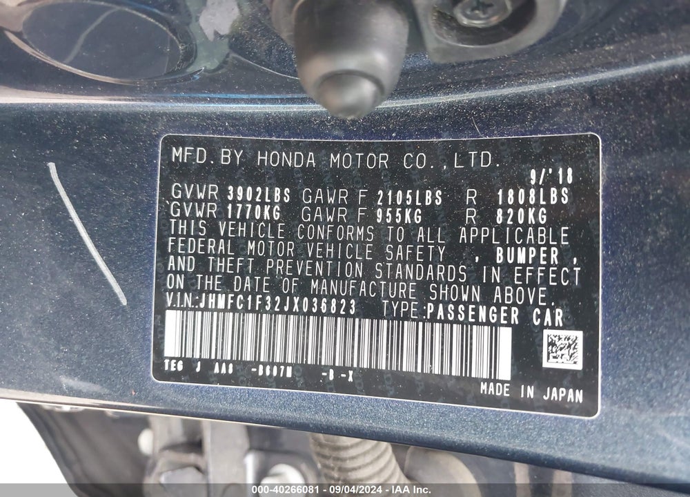 2018 HONDA CIVIC EX-T VIN: JHMFC1F32JX036823