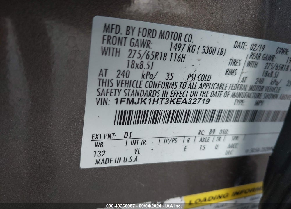 2019 FORD EXPEDITION MAX XLT VIN: 1FMJK1HT3KEA32719